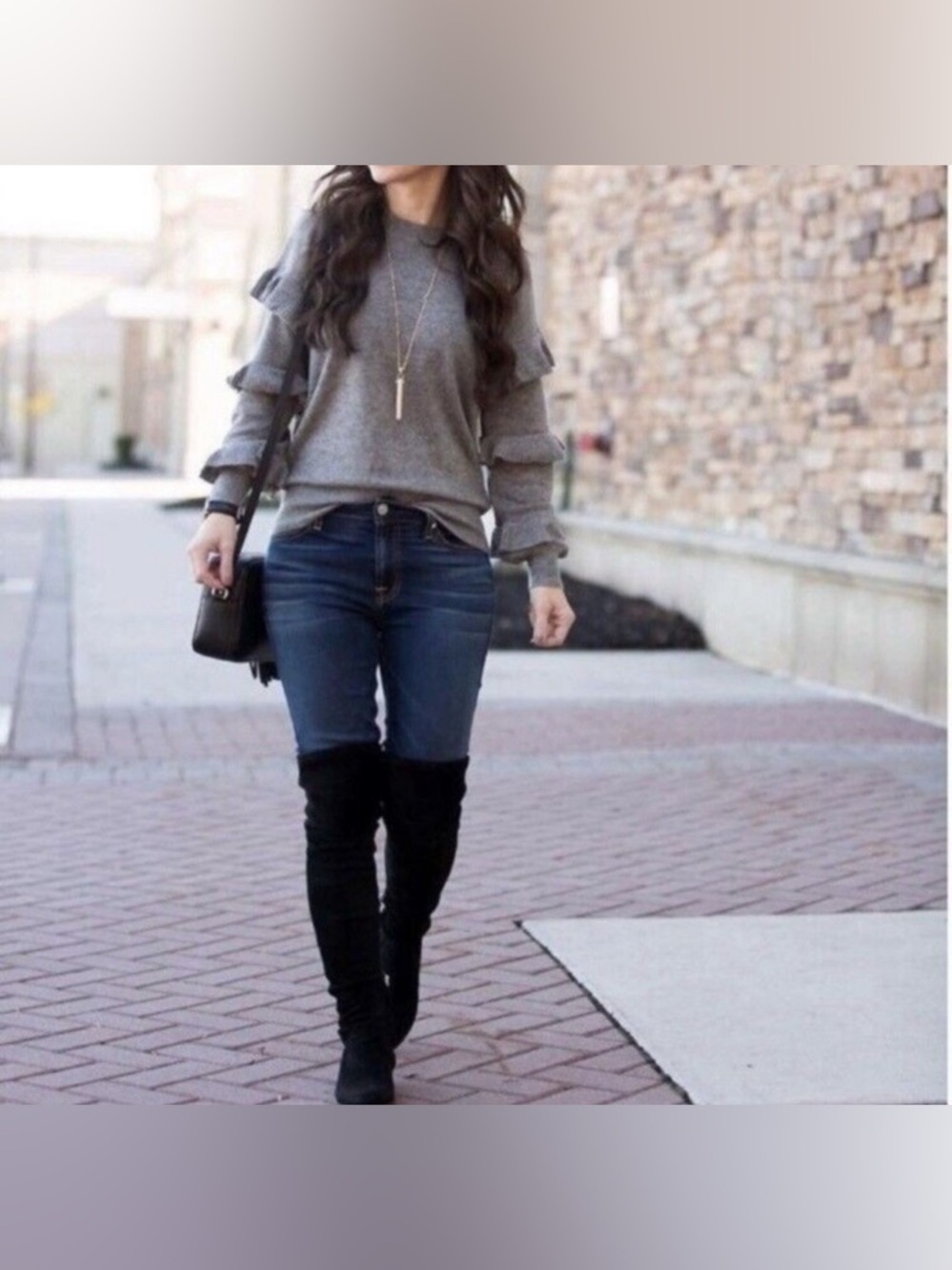 J Crew Womens Gray Crewneck Rib Trim‎ Wool Blend Long Ruffle Sleeve Sweater XS